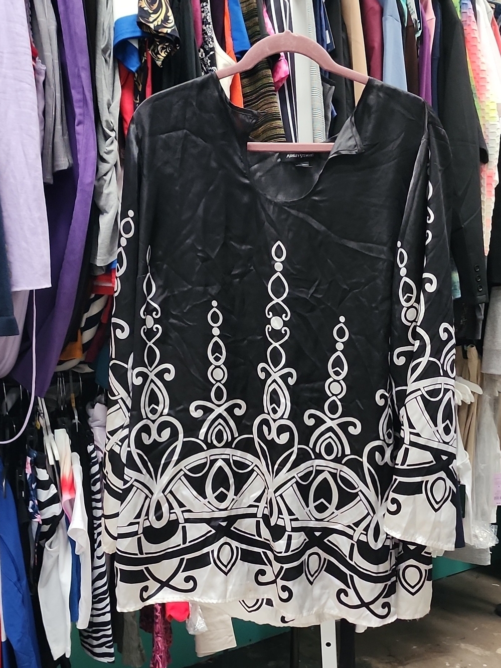 Ashley Stewart Black and White Embroidered-Pattern Blouse